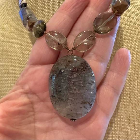 Multi-color Genuine Gemstone Necklace with polished oval stone pendant, browns - Picture 7 of 10